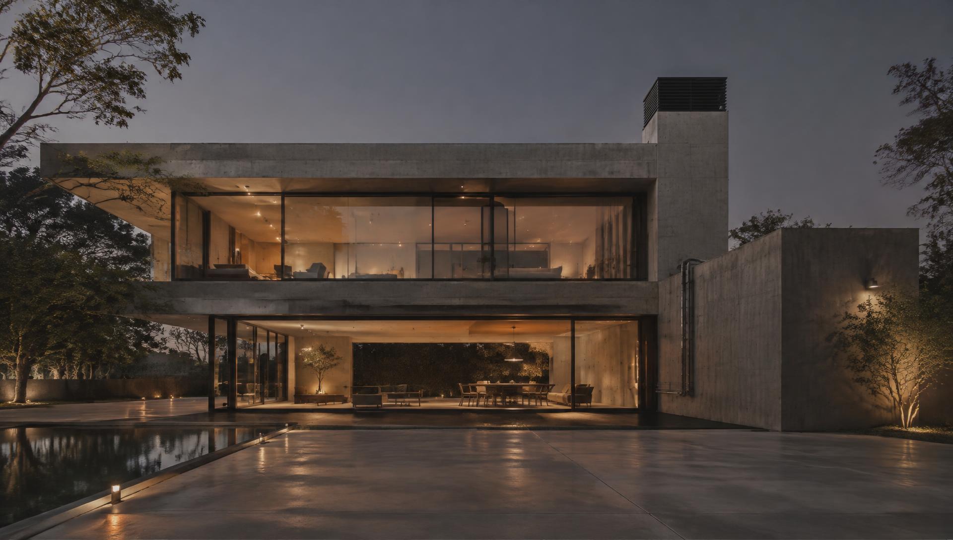 Modern concrete residence at dusk